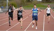 16 April 2016; Adaam McComb, University of Ulster, crosses the line in front of Andrew Mellon, Queens University Belfast, during the Mens 400M final. Irish Universities Athletic Association Track & Field Championships 2016, Day 1. Morton Stadium, Santry, Co. Dublin. Picture credit: Oliver McVeigh / SPORTSFILE