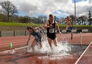 16 April 2016; Anrrew O'Donnaghaile, NUI Maynooth and Michael Carey, DCU during the Mens 3000M steeplechase  event. Irish Universities Athletic Association Track & Field Championships 2016, Day 1. Morton Stadium, Santry, Co. Dublin. Picture credit: Oliver McVeigh / SPORTSFILE