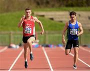 16 April 2016; Marcus Lawler, IT Carlow, left, winning the Mens 100M event from Jonathan Browning, Queens University Belfast. Irish Universities Athletic Association Track & Field Championships 2016, Day 1. Morton Stadium, Santry, Co. Dublin. Picture credit: Oliver McVeigh / SPORTSFILE