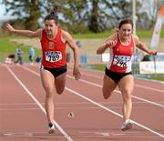 16 April 2016; Phil Healy loses to her sister Joan Healy, both UCC, to win the Ladies 100M event. Irish Universities Athletic Association Track & Field Championships 2016, Day 1. Morton Stadium, Santry, Co. Dublin. Picture credit: Oliver McVeigh / SPORTSFILE