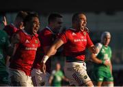 16 April 2016; Simon Zebo, Munster, celebrates with team-mates after scoring his side's first try. Guinness PRO12 Round 20, Connacht v Munster. The Sportsground, Galway.  Picture credit: Stephen McCarthy / SPORTSFILE