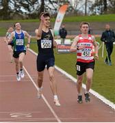 16 April 2016; Keith Fallon, DCU, celebrates winning the Mens 5000M event as he crosses the line. Irish Universities Athletic Association Track & Field Championships 2016, Day 1. Morton Stadium, Santry, Co. Dublin. Picture credit: Oliver McVeigh / SPORTSFILE