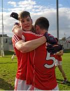 16 April 2016; Ronan O'Toole, left, and Kevin Flahive, Cork, celebrate after the game. Eirgrid GAA Football Under 21 All-Ireland Championship semi-final, Cork v Monaghan. O'Connor Park, Tullamore, Co. Offaly.  Picture credit: Sam Barnes / SPORTSFILE