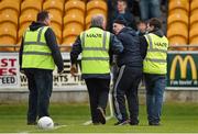 16 April 2016; A supporter is removed from the pitch by stewards after the final whistle. Eirgrid GAA Football Under 21 All-Ireland Championship semi-final, Dublin v Mayo. O'Connor Park, Tullamore, Co. Offaly.  Picture credit: Brendan Moran / SPORTSFILE