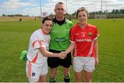 17 April 2016; Referee Niall McCormack with the two team captains, Mairead Tennyson, Armagh, and Ciara O’Sullivan, Cork, before the start of the match. Lidl Ladies Football National League Division 1 Round 7, Cork v Armagh. GAA National Training Centre, Abbotstown, Dublin.  Picture credit: Seb Daly / SPORTSFILE