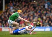 17 April 2016; Shane Bennett, Waterford, goes to ground under pressure from Richie English, Limerick, moments before referee Barry Kelly, Westmeath, awarded a penalty. Allianz Hurling League Division 1 Semi-Final, Waterford v Limerick. Semple Stadium, Thurles, Co. Tipperary. Picture credit: Stephen McCarthy / SPORTSFILE