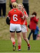 17 April 2016; Cork players Deirdre O’Reilly, left, and Vera Foley, congratulated each other following their team's victory. Lidl Ladies Football National League Division 1 Round 7, Cork v Armagh. GAA National Training Centre, Abbotstown, Dublin.  Picture credit: Seb Daly / SPORTSFILE