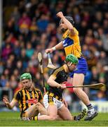 17 April 2016; John Conlon, Clare, celebrates after scoring his side's first goal past Kilkenny goalkeeper Eoin Murphy and Joey Holden. Allianz Hurling League Division 1 Semi-Final, Kilkenny v Clare. Semple Stadium, Thurles, Co. Tipperary. Picture credit: Stephen McCarthy / SPORTSFILE