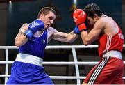 17 April 2016; David Joyce, Ireland, left, exchanges punches with Volkan Gokcek, Turkey, during their Men's Lightweight 60kg Box-Off bout. AIBA 2016 European Olympic Qualification Tournament Event. Samsun, Turkey. Photo by Sportsfile