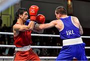 17 April 2016; David Joyce, Ireland, right, exchanges punches with Volkan Gokcek, Turkey, during their Men's Lightweight 60kg Box-Off bout. AIBA 2016 European Olympic Qualification Tournament Event. Samsun, Turkey. Photo by Sportsfile