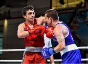 17 April 2016; Volkan Gokcek, Turkey, left, exchanges punches with David Joyce, Ireland, during their Men's Lightweight 60kg Box-Off bout. AIBA 2016 European Olympic Qualification Tournament Event. Samsun, Turkey. Photo by Sportsfile