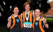 17 April 2016; Winners of the Master Women's relay race, from left, Ashling Smith, Suzanna Foot and Carol Costello, from Slí Cualann AC, Co. Wicklow. The Glo Health AAI National Road Relays. Raheny, Dublin. Picture credit : Tomás Greally /  SPORTSFILE