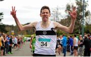 17 April 2016; Emmet O'Briain, Donore Harriers AC, Dublin, crosses the line to win the Master Men's relay race during the Glo Health AAI National Road Relays. Raheny, Dublin. Picture credit : Tomás Greally / SPORTSFILE