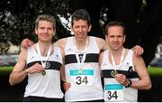 17 April 2016; Winners of the Master Men's relay race, from left, Michael McMahon, Emmet O'Briain and John Dunne, from Donore Harriers AC, Dublin. The Glo Health AAI National Road Relays. Raheny, Dublin. Picture credit : Tomás Greally /  SPORTSFILE