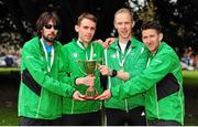 17 April 2016; Winners of the Senior Men's relay race, from left, Mick Clohisey, Kieran Kelly, Mark Kirwan and Daire Bermingham, Raheny Shamrock AC, Dublin, during the Glo Health AAI National Road Relays. Raheny, Dublin. Picture credit : Tomás Greally / SPORTSFILE