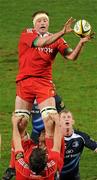 2 April 2010; Mick O'Driscoll, Munster, claims the ball in the line-out as Leo Cullen, Leinster, watches on. Celtic League, Munster v Leinster, Thomond Park, Limerick. Picture credit: Ray McManus / SPORTSFILE