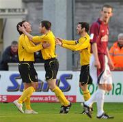 26 April 2010; Stuart Byrne,left, St Patrick's Athletic, celebrates after scoring his side's second goal with team-mate's Brian Cash, centre and Damien Lynch, right. Airtricity League Premier Division, Galway United v St Patrick's Athletic, Terryland Park, Galway. Picture credit: David Maher / SPORTSFILE