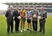 27 April 2010; Dublin U21 captain Jonny Cooper and Donegal U21 captain Michael Murphy with Uachtarán Chumann Lúthchleas Gael Criostóir Ó Cuana, Shane Guest, second from left, senior brand manager, Cadbury Ireland, Jim Gavin, far right, Dublin U21 manager and Jim McGuinness, second from right, Donegal U21 manager at the Captain’s Photocall ahead of the Cadbury GAA Football U21 All-Ireland Championship Final between Donegal and Dublin. This is Cadbury Ireland’s sixth year as sponsor of the Cadbury GAA Football U21 Championship and it continues to go from strength to strength. Cadbury are calling on all Dublin and Donegal fans to show their support for their county by heading to Breffni Park in Cavan this Saturday at 7pm. For more information visit www.cadburygaau21.com. Picture credit: David Maher / SPORTSFILE
