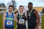 16 April 2016; Medal winners  in the Mens 400M final, Andrew Mellon, Queens University, Belfast, 2nd, Adam McCombe, University of Ulster, 1st and Brandon Arrey, DCU, 3rd. Irish Universities Athletic Association Track & Field Championships 2016, Day 1. Morton Stadium, Santry, Co. Dublin. Picture credit: Oliver McVeigh / SPORTSFILE