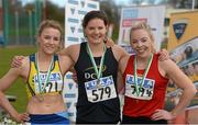 16 April 2016; Medal winners  in the Womens 400M final, Aisling Drumgoole, UCD, 2nd, Grainne Moynihan, DCU, 1st and Christine Neville, UCC, 3rd. Irish Universities Athletic Association Track & Field Championships 2016, Day 1. Morton Stadium, Santry, Co. Dublin. Picture credit: Oliver McVeigh / SPORTSFILE