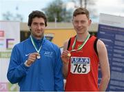 16 April 2016; Medal winners  in the Mens High Jump final, Andrew Heney, Athlone IT, 2nd, and David Cussen, UCC,1st . Irish Universities Athletic Association Track & Field Championships 2016, Day 1. Morton Stadium, Santry, Co. Dublin. Picture credit: Oliver McVeigh / SPORTSFILE