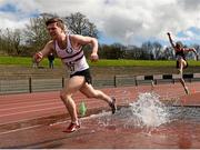 16 April 2016; Colum O'Leary, Trinity college Dublin, after the water jump during the Mens 3000M stepplechase event. Irish Universities Athletic Association Track & Field Championships 2016, Day 1. Morton Stadium, Santry, Co. Dublin. Picture credit: Oliver McVeigh / SPORTSFILE