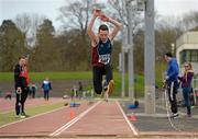 16 April 2016; Barry Quigg, NUI Galway, during the Mens triple jump event. Irish Universities Athletic Association Track & Field Championships 2016, Day 1. Morton Stadium, Santry, Co. Dublin. Picture credit: Oliver McVeigh / SPORTSFILE