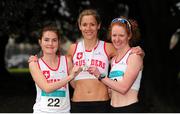 17 April 2016; Second place finishers of the Senior Women's relay race from left, Anna Reddin, Orla Drumm and Niamh Boland, Crusaders AC, Dublin, during the GloHealth AAI National Road Relays. Raheny, Dublin. Picture credit : Tomás Greally /  SPORTSFILE
