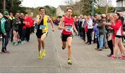 17 April 2016; Kevin Mulcaire, right, Ennis Track AC, Co. Clare, approaches the line ahead of left, Eoin Everard, Kilkenny City Harriers AC, to take second place for his team, in the Senior Men's relay race. The GloHealth AAI National Road Relays. Raheny, Dublin.