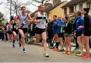 17 April 2016; John Travers, Donore Harriers AC, Dublin, leads Brandon Hargreaves, DSD AC, Dublin followed by Brian Maher, Kilkenny City Harriers AC, during the Senior Men's relay race. The GloHealth AAI National Road Relays. Raheny, Dublin. Picture credit : Tomás Greally /  SPORTSFILE