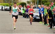 17 April 2016; Daire Bermingham, Raheny Shamrock AC, Dublin, approaches the line to win the Senior Men's relay race, during the GloHealth AAI National Road Relays. Raheny, Dublin. Picture credit : Tomás Greally /  SPORTSFILE