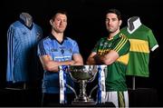 18 April 2016; In attendance at the 2016 Allianz Football League Finals preview in Croke Park are, from left, Denis Bastick, Dublin, and Bryan Sheehan, Kerry, with the Allianz Football League Division 1 trophy. Dublin face Kerry in the Allianz Football League Division 1 final in Croke Park on Sunday April 24th. Croke Park, Dublin. Picture credit: Brendan Moran / SPORTSFILE