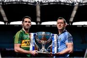 18 April 2016; In attendance at the 2016 Allianz Football League Finals preview in Croke Park are, from left, Bryan Sheehan, Kerry, and Denis Bastick, Dublin, with the Allianz Football League Division 1 trophy. Dublin face Kerry in the Allianz Football League Division 1 final in Croke Park on Sunday April 24th. Croke Park, Dublin. Picture credit: Brendan Moran / SPORTSFILE