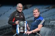 18 April 2016; In attendance at the 2016 Allianz Football League Finals preview in Croke Park are Tyrone manager Mickey Harte, left, and Cavan manager Terry Hyland, Cavan, with the Allianz Football League Division 2 trophy. Cavan face Tyrone in the Allianz Football League Division 2 final in Croke Park on Sunday April 24th. Croke Park, Dublin. Picture credit: Brendan Moran / SPORTSFILE