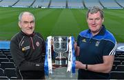 18 April 2016; In attendance at the 2016 Allianz Football League Finals preview in Croke Park are Tyrone manager Mickey Harte, left, and Cavan manager Terry Hyland, Cavan, with the Allianz Football League Division 2 trophy. Cavan face Tyrone in the Allianz Football League Division 2 final in Croke Park on Sunday April 24th. Croke Park, Dublin. Picture credit: Brendan Moran / SPORTSFILE