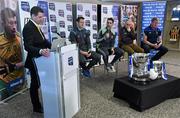 18 April 2016; In attendance at the 2016 Allianz Football League Finals preview in Croke Park are, from left, MC Darren Frehill, Denis Bastick, Dublin, Bryan Sheehan, Kerry, Tyrone manager Mickey Harte, and Cavan Manager Terry Hyland. Dublin face Kerry in the Allianz Football League Division 1 final and Tyrone face Cavan in the Allianz Football League Division 2 final in Croke Park on Sunday April 24th. Croke Park, Dublin. Picture credit: Cody Glenn / SPORTSFILE