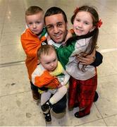 18 April 2016; Team Ireland's David Joyce who won a Bronze medal at the European Olympic Boxing Qualifiers in Samsun, Turkey, with his children, from left, Mickey Joe, age 4, Amber, age 1 and Rihanna, age 6, on his return home. Dublin Airport, Dublin. Picture credit: Cody Glenn / SPORTSFILE