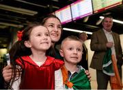 18 April 2016; Team Ireland's Katie Taylor who won a Bronze medal at the European Olympic Boxing Qualifiers in Samsun, Turkey, has a photo taken with David Joyce's children Rihanna, left, age 6, and Mickey Joe, age 4, on her return home. Dublin Airport, Dublin. Picture credit: Cody Glenn / SPORTSFILE