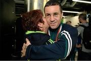 18 April 2016; Team Ireland's David Joyce, who won a Bronze medal at the European Olympic Boxing Qualifiers in Samsun, Turkey, is greeted by Anna Moore on his return home. Dublin Airport, Dublin. Picture credit: Cody Glenn / SPORTSFILE