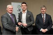 18 April 2016; Colm Begley, DCU, from Laois, is presented with his Independent.ie Football Rising Stars Award award by Uachtarán Chumann Lúthchleas Gael Aogán Ó Fearghail, left, and Gerry Tully, Chairman of Comhairle Ardoideachais, right. Independent.ie Football Rising Stars Awards. Croke Park, Dublin. Picture credit: Seb Daly / SPORTSFILE