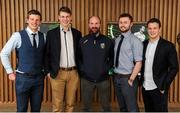 18 April 2016; UCD players, from left to right, John Heslin, from Westmeath, Liam Casey, from Tipperary, Jack McCaffrey, from Dublin and Ryan Wylie, from Monaghan, join manager John Divilly, centre, after collecting their Independent.ie Football Rising Stars Awards. Independent.ie Football Rising Stars Awards. Croke Park, Dublin. Picture credit: Seb Daly / SPORTSFILE