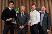 18 April 2016; Ulster University players Niall McKeever, from Antrim, left, and Kieran Hughes, from Monaghan, second right,  are joined by Uachtarán Chumann Lúthchleas Gael Aogán Ó Fearghail, and John Farrelly, Jordanstown University, after collecting their Independent.ie Football Rising Stars Awards. Independent.ie Football Rising Stars Awards. Croke Park, Dublin. Picture credit: Seb Daly / SPORTSFILE