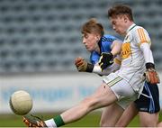 16 April 2016; Offaly goalkeeper Barry Rohan in action against Seán Bulger, Dublin. Electric Ireland Leinster GAA Football Minor Championship First Round, Dublin v Offaly. Parnell Park, Dublin.  Picture credit: Cody Glenn / SPORTSFILE
