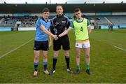 16 April 2016; Dublin captain Conor Lennon, left, shakes hands with Offaly's Jack Quinn in the presence of Referee Seamus Mulhare. Electric Ireland Leinster GAA Football Minor Championship First Round, Dublin v Offaly. Parnell Park, Dublin. Picture credit: Cody Glenn / SPORTSFILE