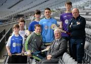 19 April 2016; Uachtarán Chumann Lúthchleas Gael Aogán Ó Fearghail, Clare hurler Patrick Kelly and Waterford hurling manager Derek McGrath joined players including, from left, James Mulcahy, Dublin, Aaron Deegan, Kildare, Gary Hughes, Wicklow, Conor Carbberry, Dublin, and Barry Doyle, North Wexford, in attendance at the launch of the Celtic Challenge 2016. Croke Park, Dublin. Picture credit: Cody Glenn / SPORTSFILE