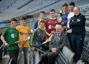 19 April 2016; Uachtarán Chumann Lúthchleas Gael Aogán Ó Fearghail, Clare hurler Patrick Kelly and Waterford hurling manager Derek McGrath joined players including, from left, Finian Burke, Mayo, Cillian McDermott, Clare South/East, Emmet Quinn, Roscommon, Karl Conneely, North Galway, Breffni Horner, North Clare, and Gearóid Ó Conghaile, Galway City West, in attendance at the launch of the Celtic Challenge 2016. Croke Park, Dublin. Picture credit: Cody Glenn / SPORTSFILE