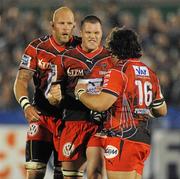 30 April 2010; RC Toulon's Timothy Ryan, Johann Van Niekerk and Sebastian Bruno celebrate after tjhe final whistle. Amlin Challenge Cup Semi-Final, Connacht v RC Toulon, Sportsground, Galway. Picture credit: Ray Ryan / SPORTSFILE