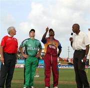 30 April 2010; The toss between Ireland and West Indies. 2010 Twenty20 Cricket World Cup Group Stages, Ireland v West Indies, Providence Stadium, Guyana. Picture credit: Handout / Barry Chambers / RSA / Cricket Ireland Via SPORTSFILE