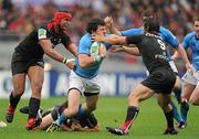 1 May 2010; Shane Horgan, Leinster, is tackled by theirry Dusautoir, left, and Byron Kelleher, Toulouse. Heineken Cup Semi-Final, Toulouse v Leinster, Le Stadium Municipal, Toulouse, France. Picture credit: Brendan Moran / SPORTSFILE