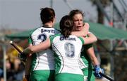 1 May 2010; Cliodhna Sargent, Ireland, right, is congratulated by team-mates Bridget Cleland, 9, and Emma Smyth, after scoring her side's second goal. Hockey BDO World Qualifier, Ireland v Chile, Manquehue Hockey Club, Santiago, Chile. Picture syndicated by SPORTSFILE on behalf of the IHA   for editorial use